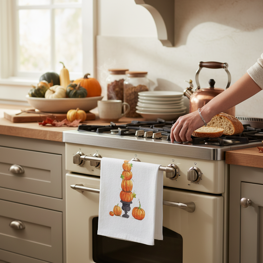 Mellow Monkey white cotton flour sack towel featuring a watercolor pumpkin stack print hanging on a kitchen oven