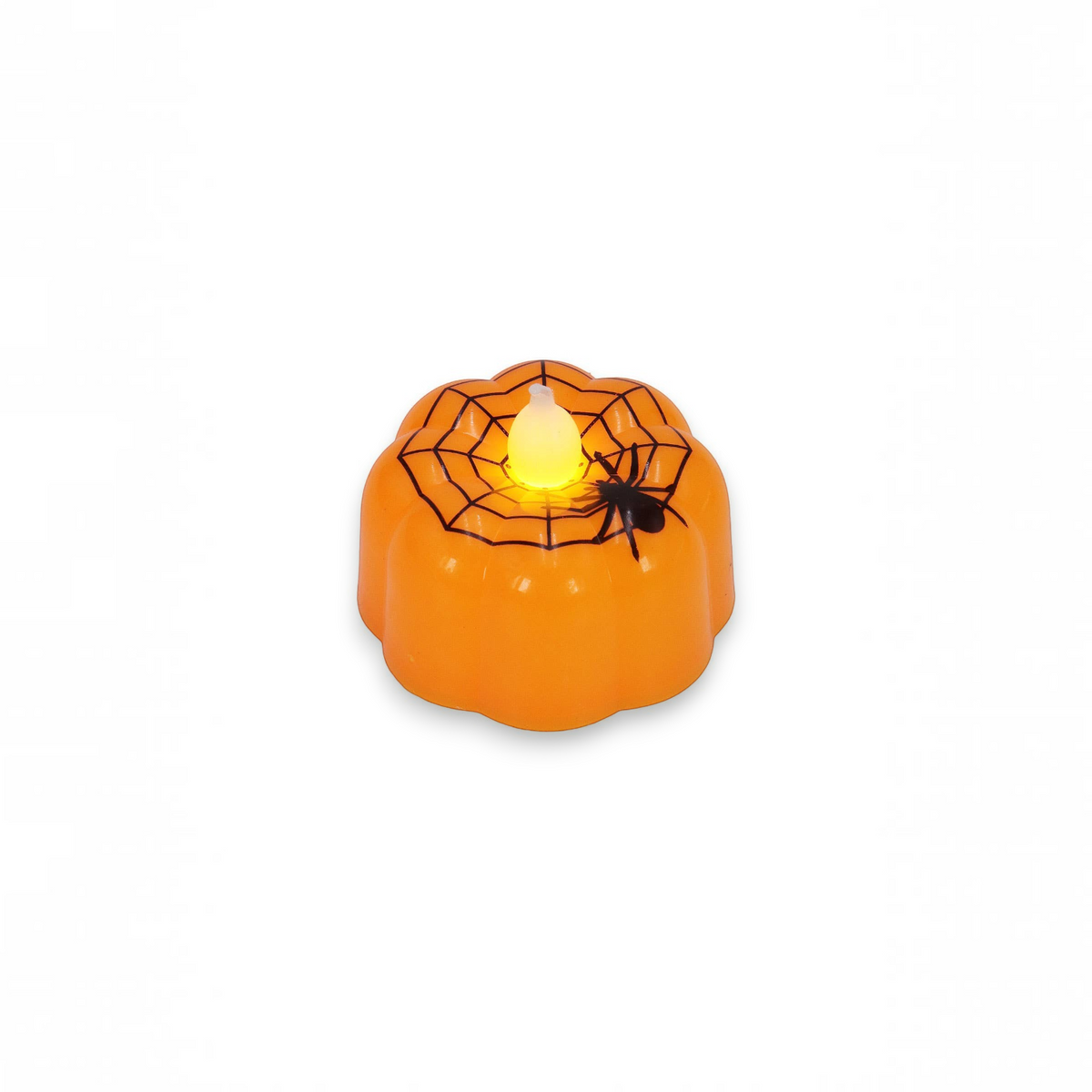 Mellow Monkey orange plastic pumpkin LED tealight candle featuring a black spider and web design for Halloween decor.