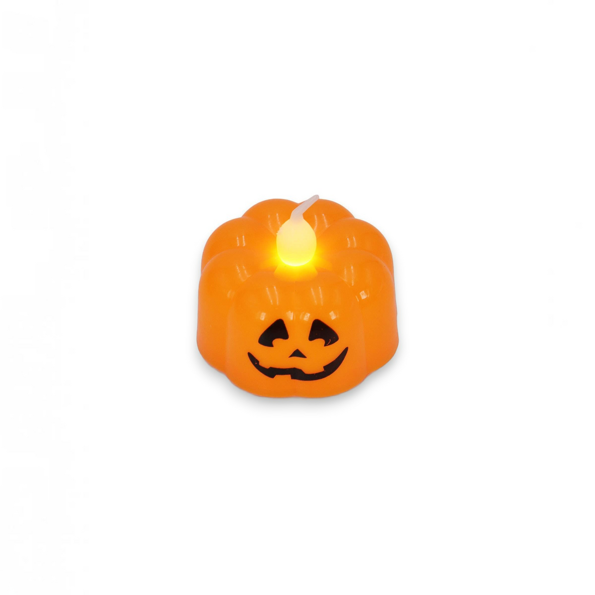 Mellow Monkey orange plastic jack-o'-lantern LED tealight candle with a glowing flame for Halloween decoration
