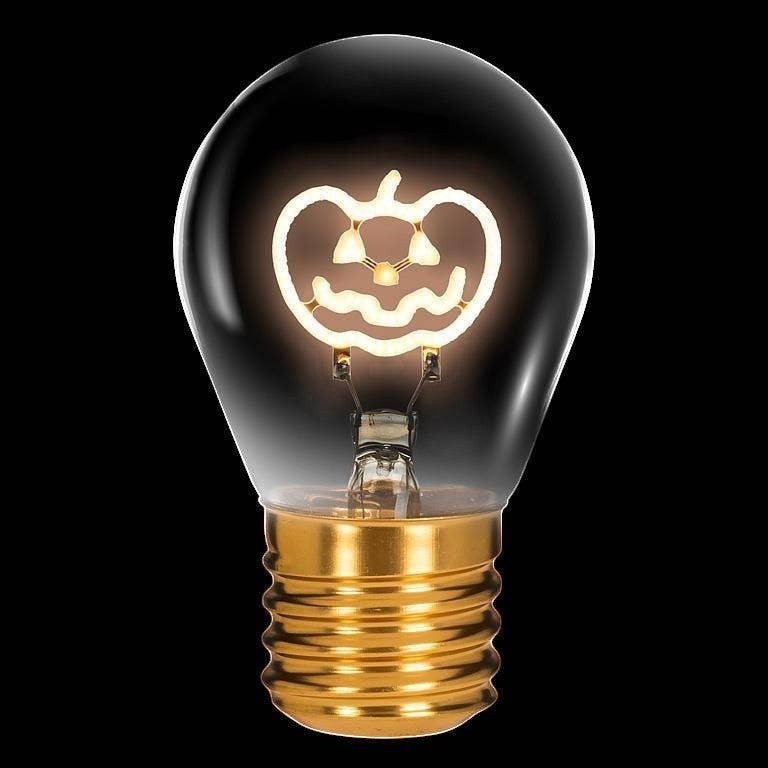 Mellow Monkey Pumpkin Neon LED Lightbulb Lamp with a jack o'lantern design, perfect for Halloween decor.