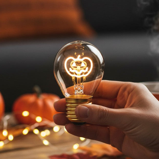 Mellow Monkey Pumpkin Neon LED Lightbulb Lamp with a jack o'lantern design, gold base, and clear glass.
