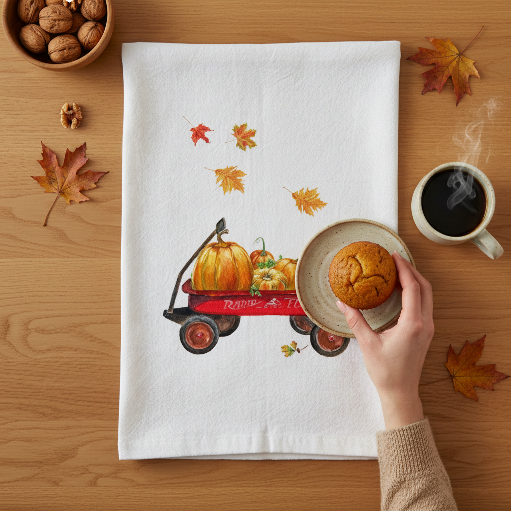 Mellow Monkey white cotton flour sack towel featuring a red Radio Flyer wagon filled with pumpkins and autumn leaves.