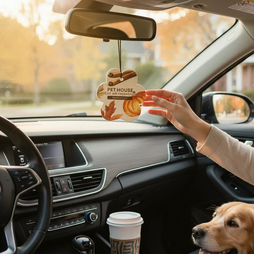 Mellow Monkey Pumpkin Spice paw-shaped car air freshener hanging in a vehicle with a golden retriever passenger