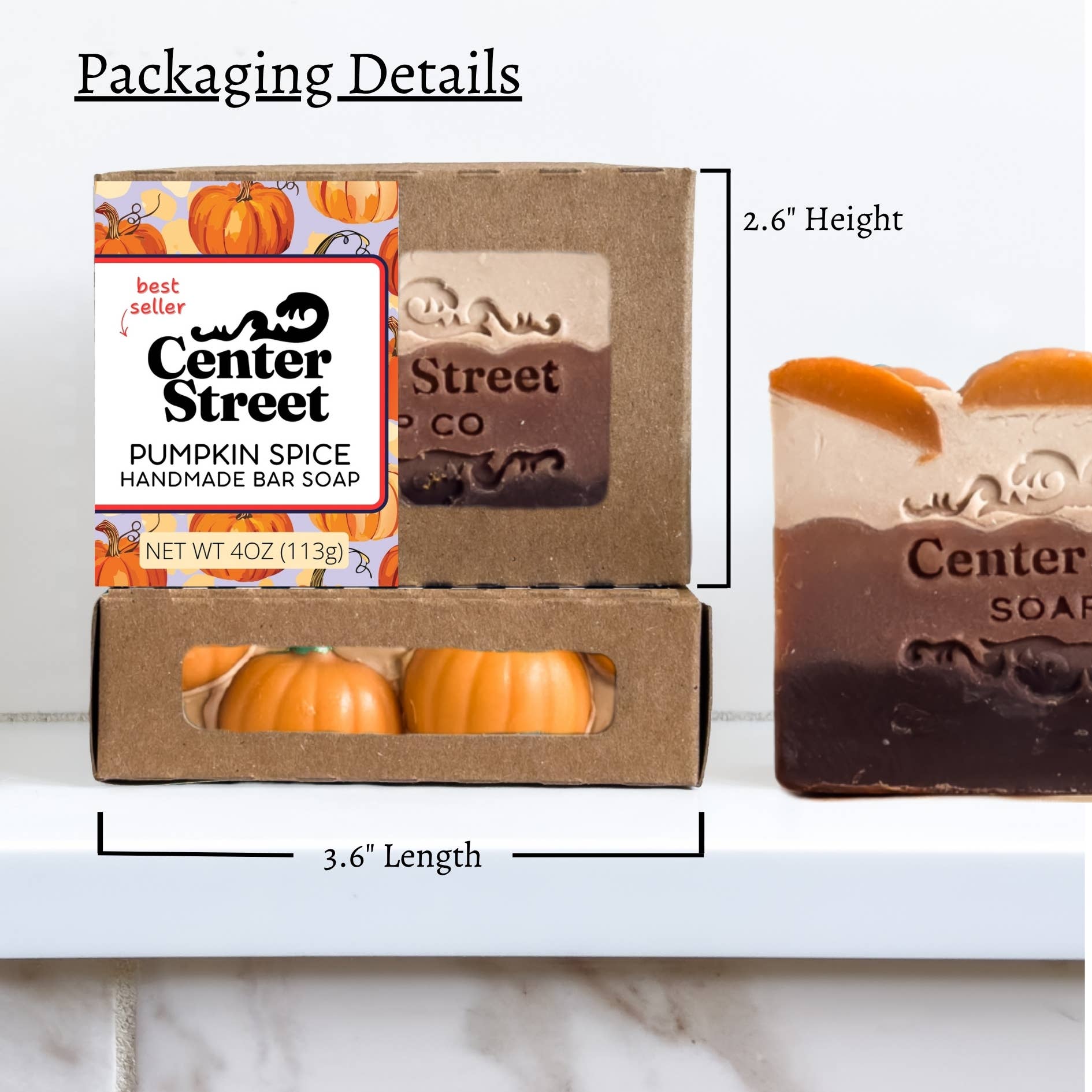 Mellow Monkey Pumpkin Spice vegan handmade bar soap in a kraft window box with pumpkin-shaped soap details