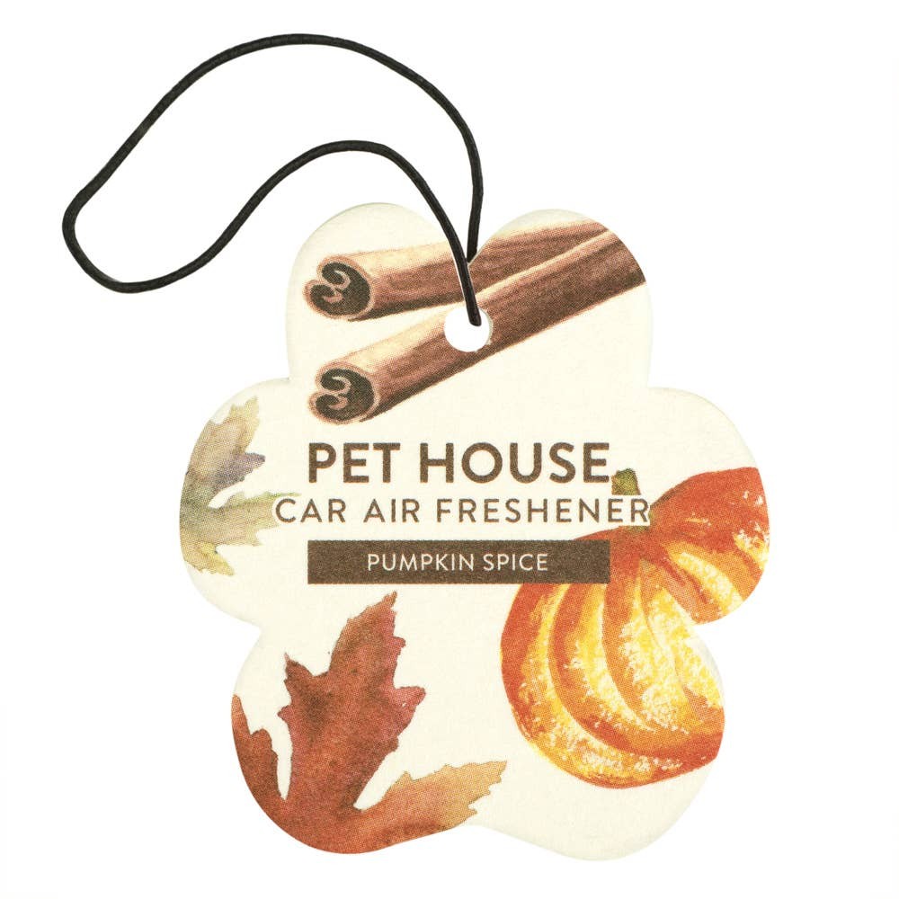 Mellow Monkey Pumpkin Spice paw-shaped car air freshener with cinnamon and pumpkin illustration