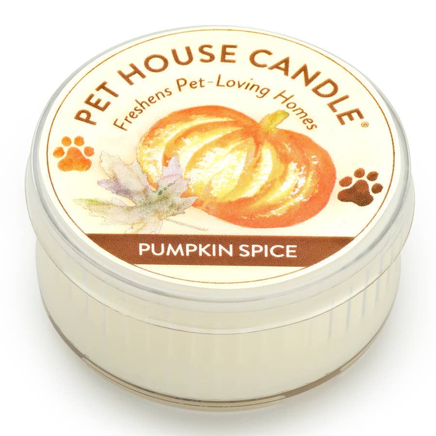 Mellow Monkey Pet House Pumpkin Spice mini candle in a clear jar with a decorative label featuring a pumpkin