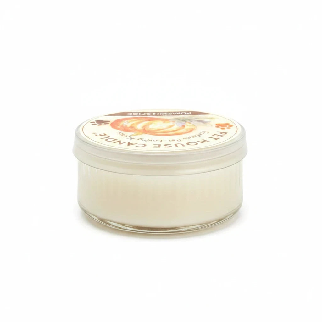 Mellow Monkey Pumpkin Spice Pet House mini candle in a clear glass jar, designed to neutralize pet odors.