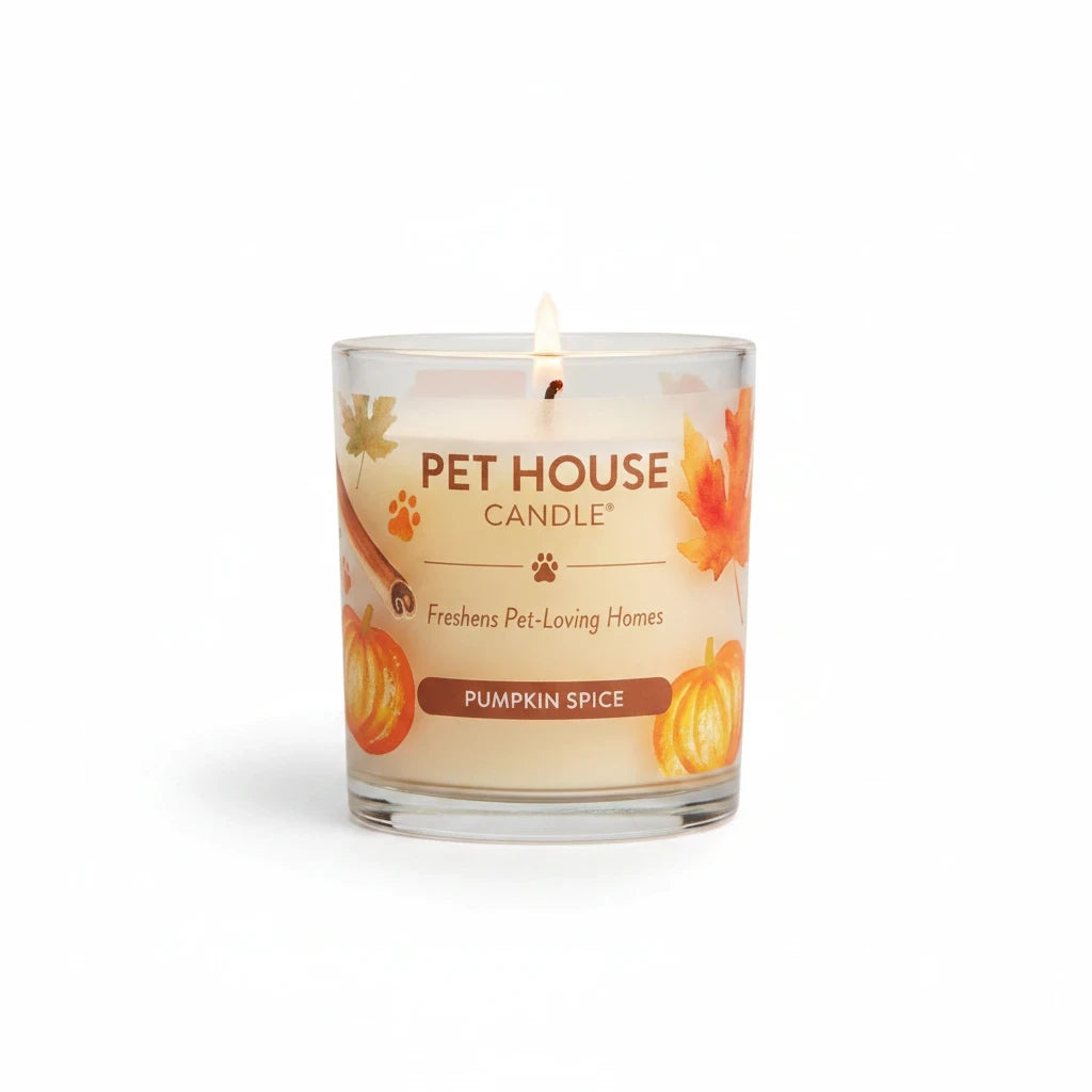 Mellow Monkey Pet House Pumpkin Spice scented candle in a glass jar with autumn leaf and pumpkin illustrations