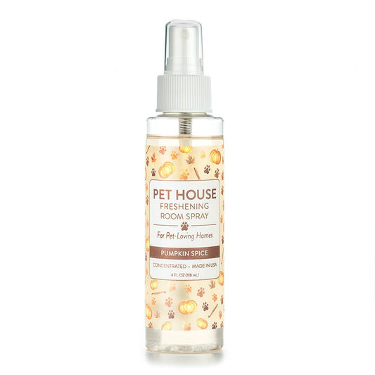 Mellow Monkey Pet House Pumpkin Spice room spray in a 4-ounce clear bottle with a festive pumpkin and paw print label.