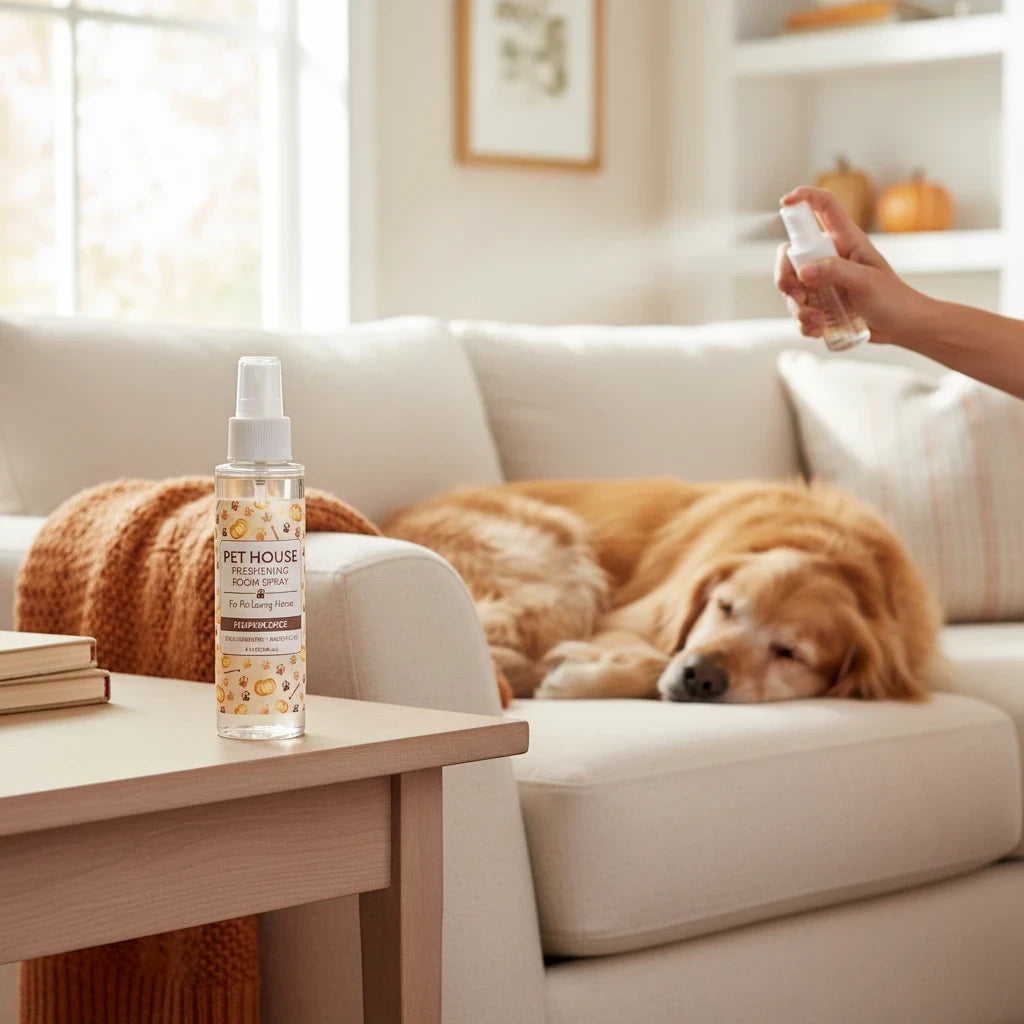 Mellow Monkey Pumpkin Spice pet odor neutralizing room spray on a wooden table with a dog resting on a nearby sofa.