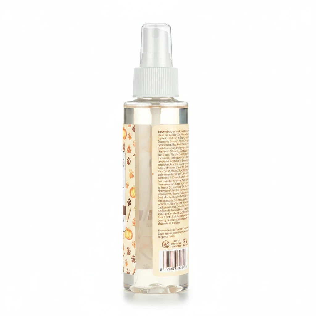Mellow Monkey Pumpkin Spice pet odor neutralizing room spray in a 4-ounce clear plastic bottle with a spray nozzle.