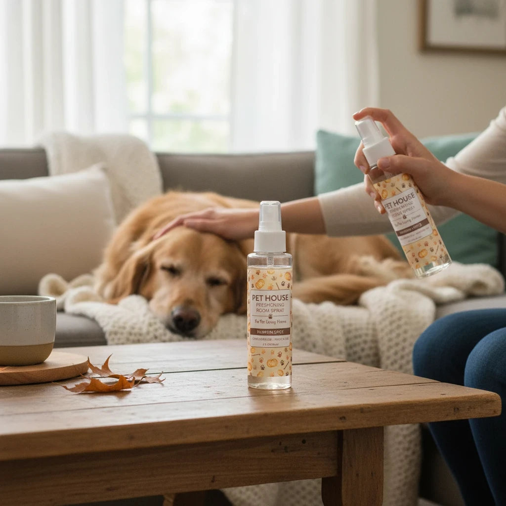 Mellow Monkey Pet House Pumpkin Spice room spray bottle on a wooden table with a dog resting on a sofa in the background