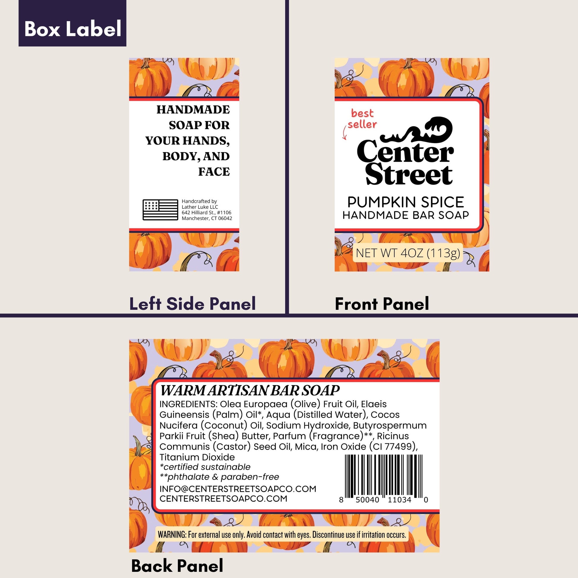 Mellow Monkey Pumpkin Spice vegan handmade bar soap packaging with pumpkin illustrations and ingredient list