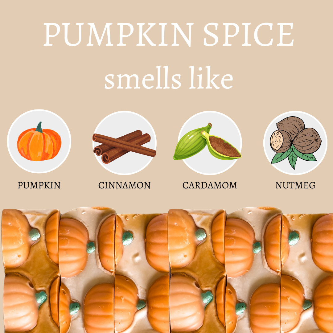 Mellow Monkey Pumpkin Spice vegan artisan soap bars featuring pumpkin, cinnamon, cardamom, and nutmeg scent notes.