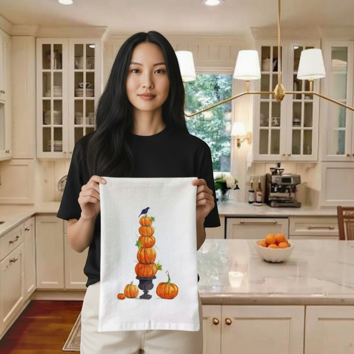 Mellow Monkey white cotton flour sack towel featuring a decorative pumpkin stack print held by a woman in a kitchen.