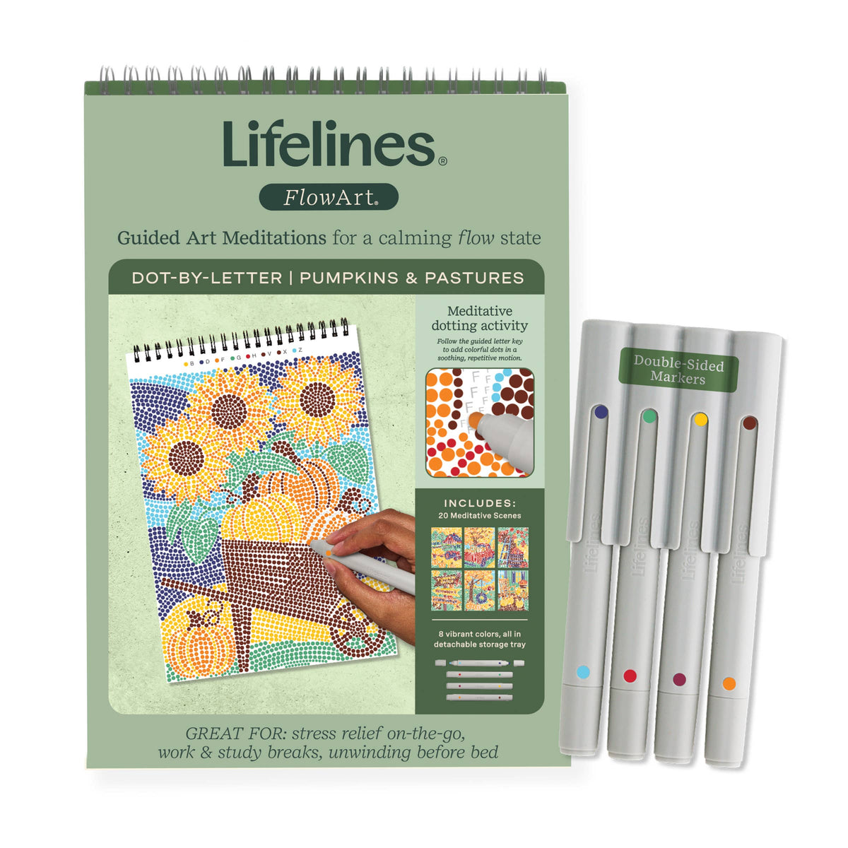 Mellow Monkey Pumpkins & Pastures FlowArt dot-by-letter activity pad with markers for meditative stress relief