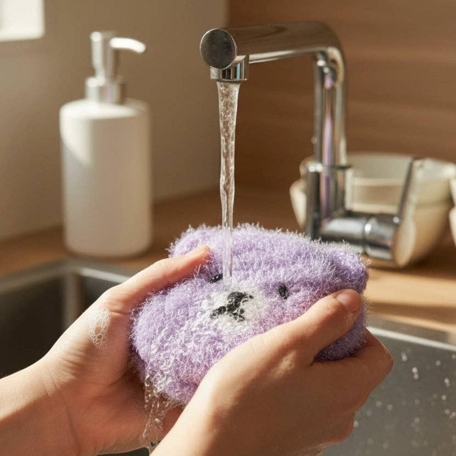 Mellow Monkey Good News Bears scrubby sponge in soft purple, shaped like a bear face with black embroidered features.