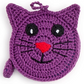 Mellow Monkey purple hand-crocheted kitty kat measuring tape with black eyes and a red nose