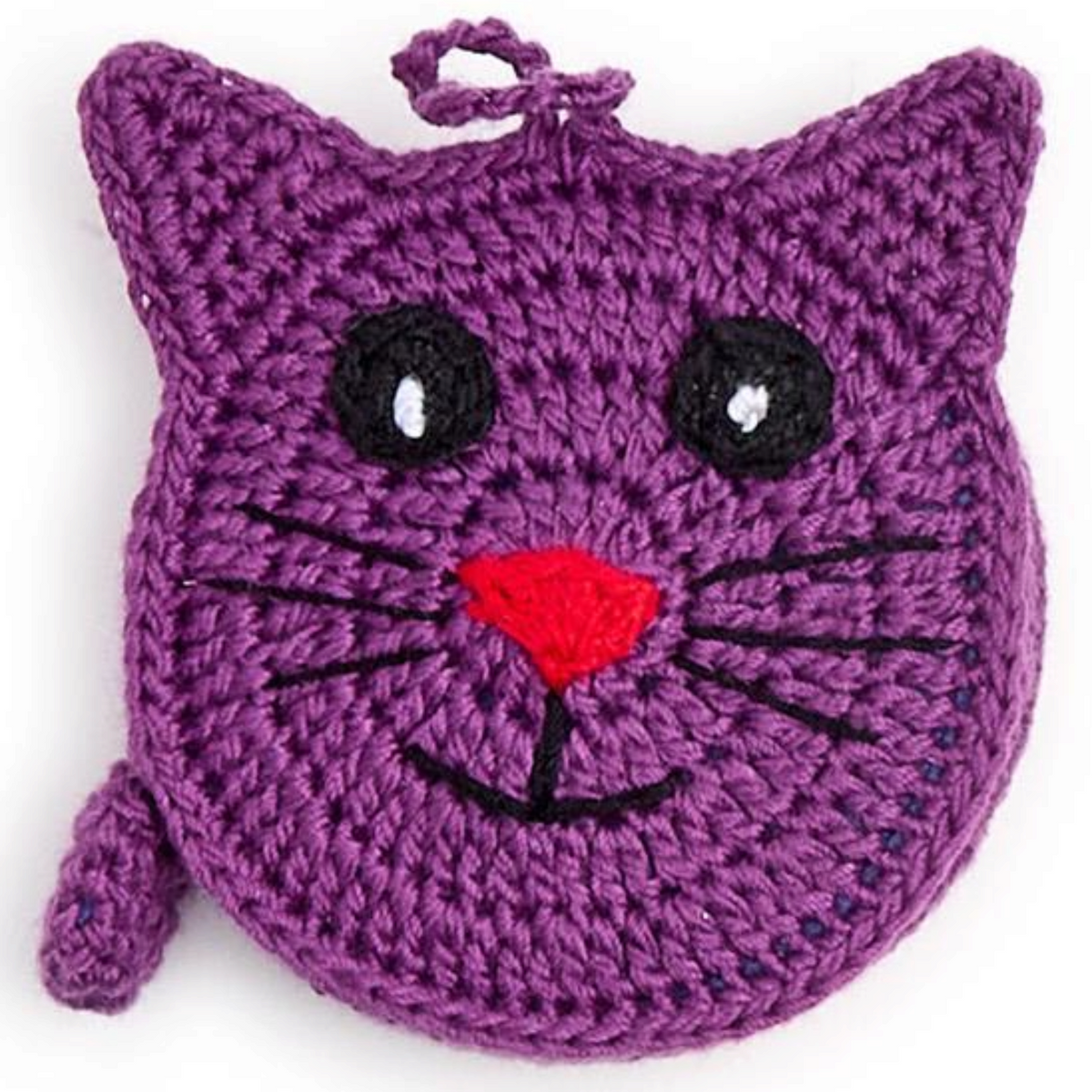 Mellow Monkey purple hand-crocheted kitty kat measuring tape with black eyes and a red nose