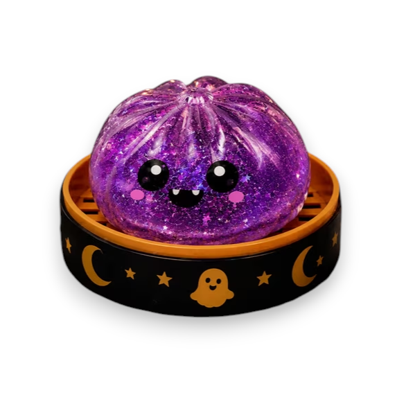 Mellow Monkey purple glittery squishy dumpling toy in a black Halloween-themed container with ghost and moon icons.
