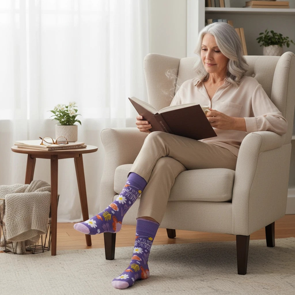 Mellow Monkey purple Best Grandma Ever socks with floral pattern worn by a woman reading in a cozy armchair