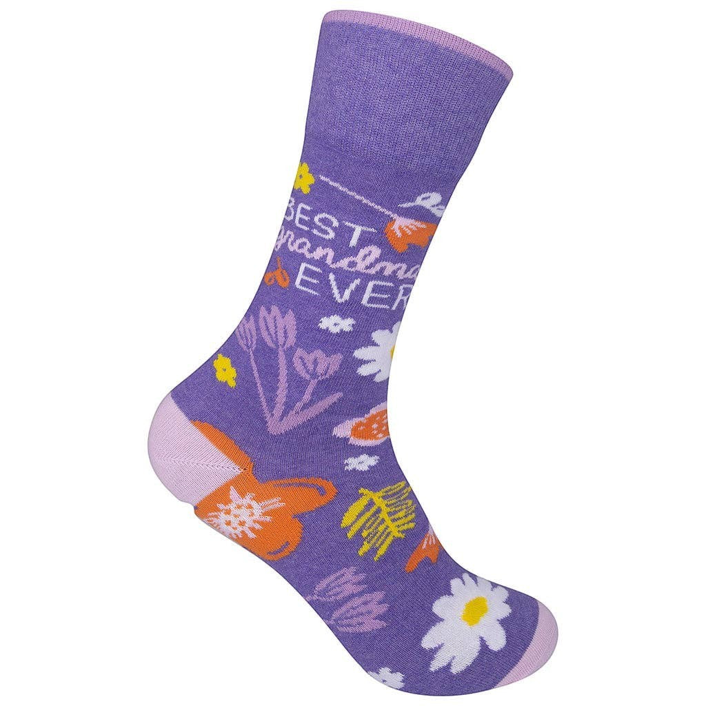Mellow Monkey purple crew socks featuring Best Grandma Ever text and colorful floral patterns with lavender accents.