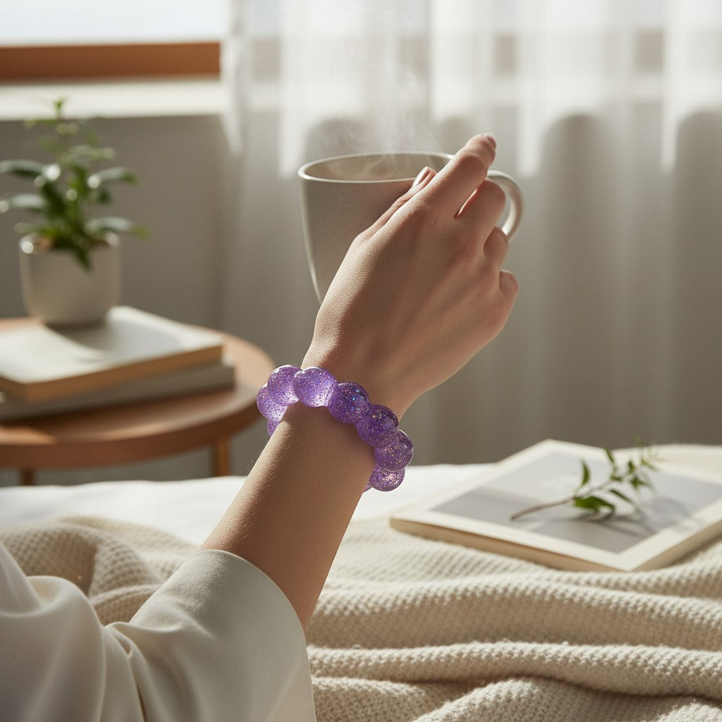 Mellow Monkey Purple Haze Feelzies sensory bracelet on a woman's wrist, featuring a squishy, glittery purple design.