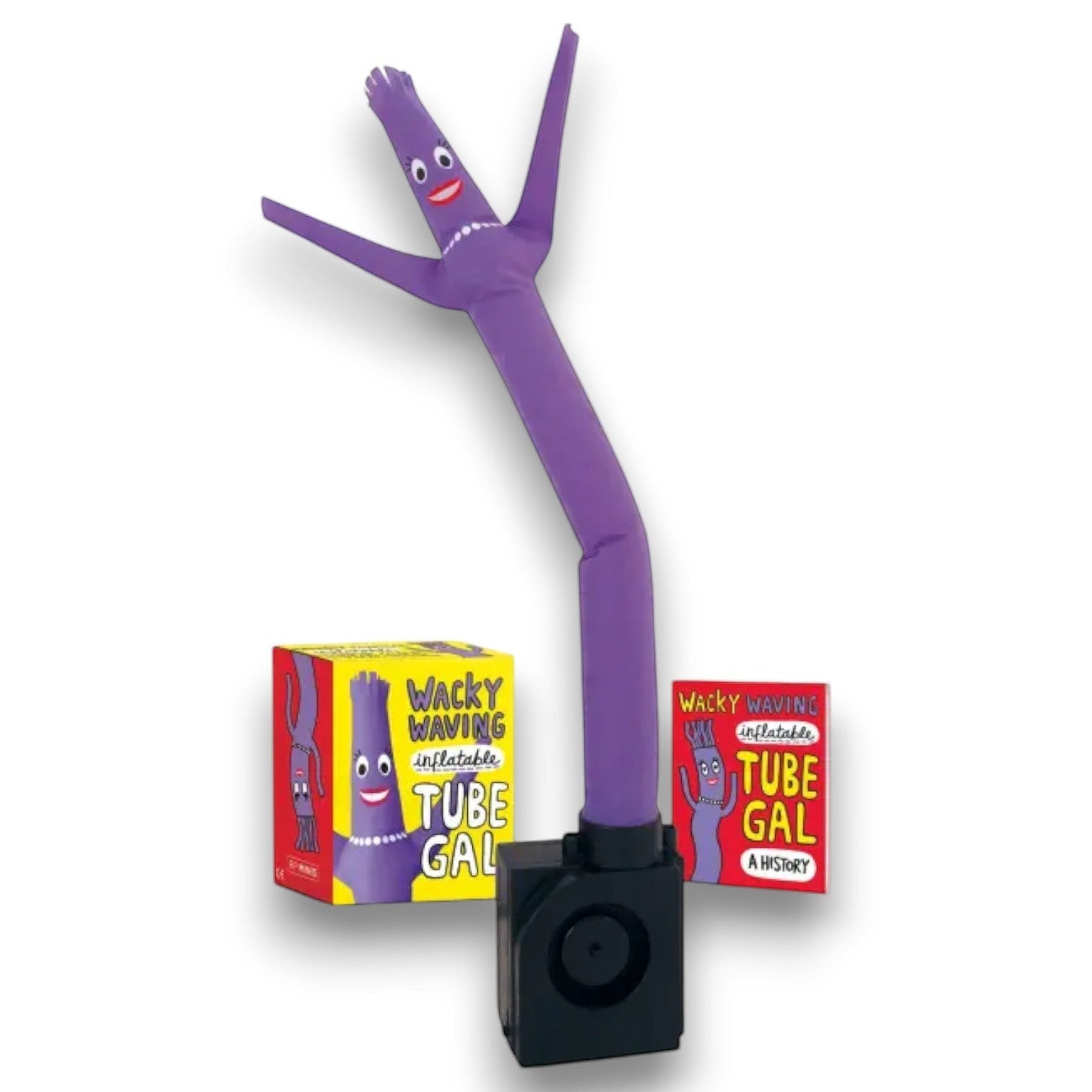 Mellow Monkey 18-inch purple Wacky Waving Inflatable Tube Gal with base and mini book on a white background