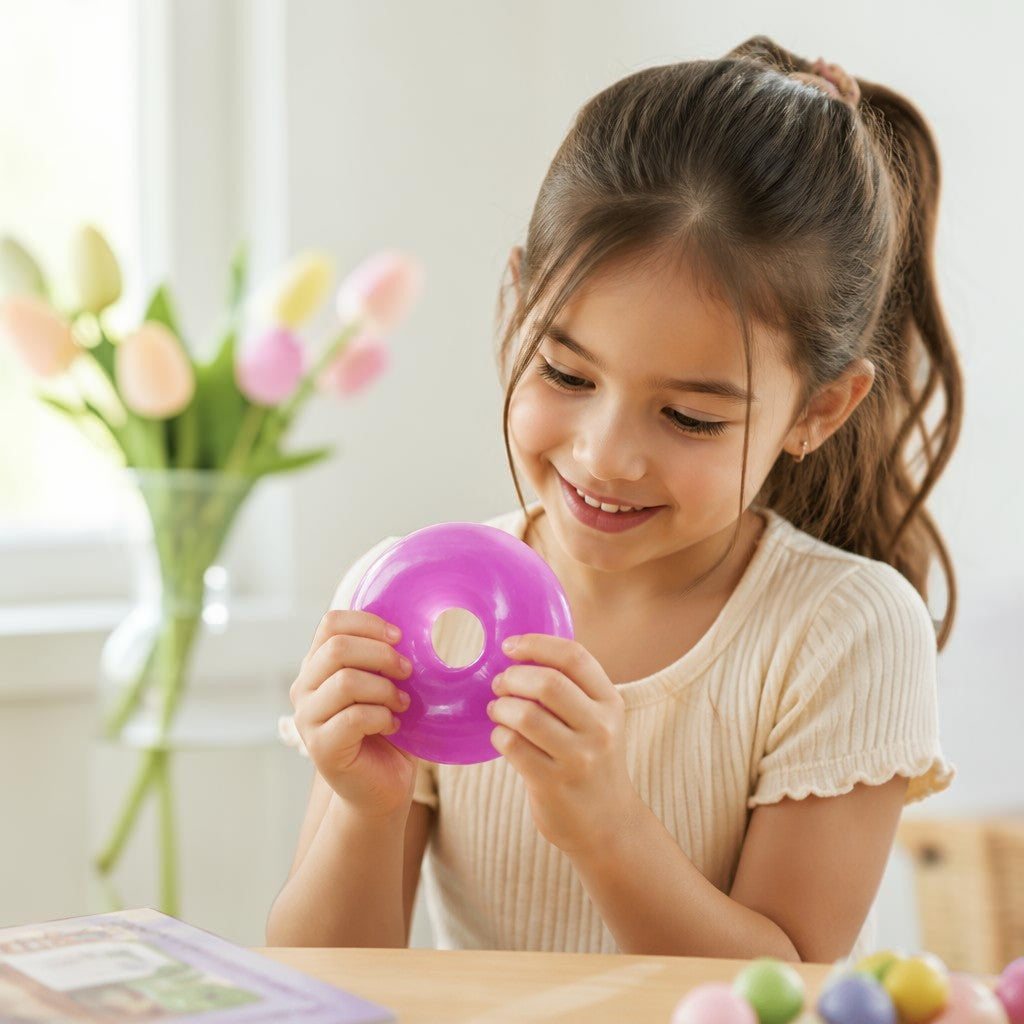 Mellow Monkey purple jelly donut sensory fidget toy being held by a smiling girl for stress relief