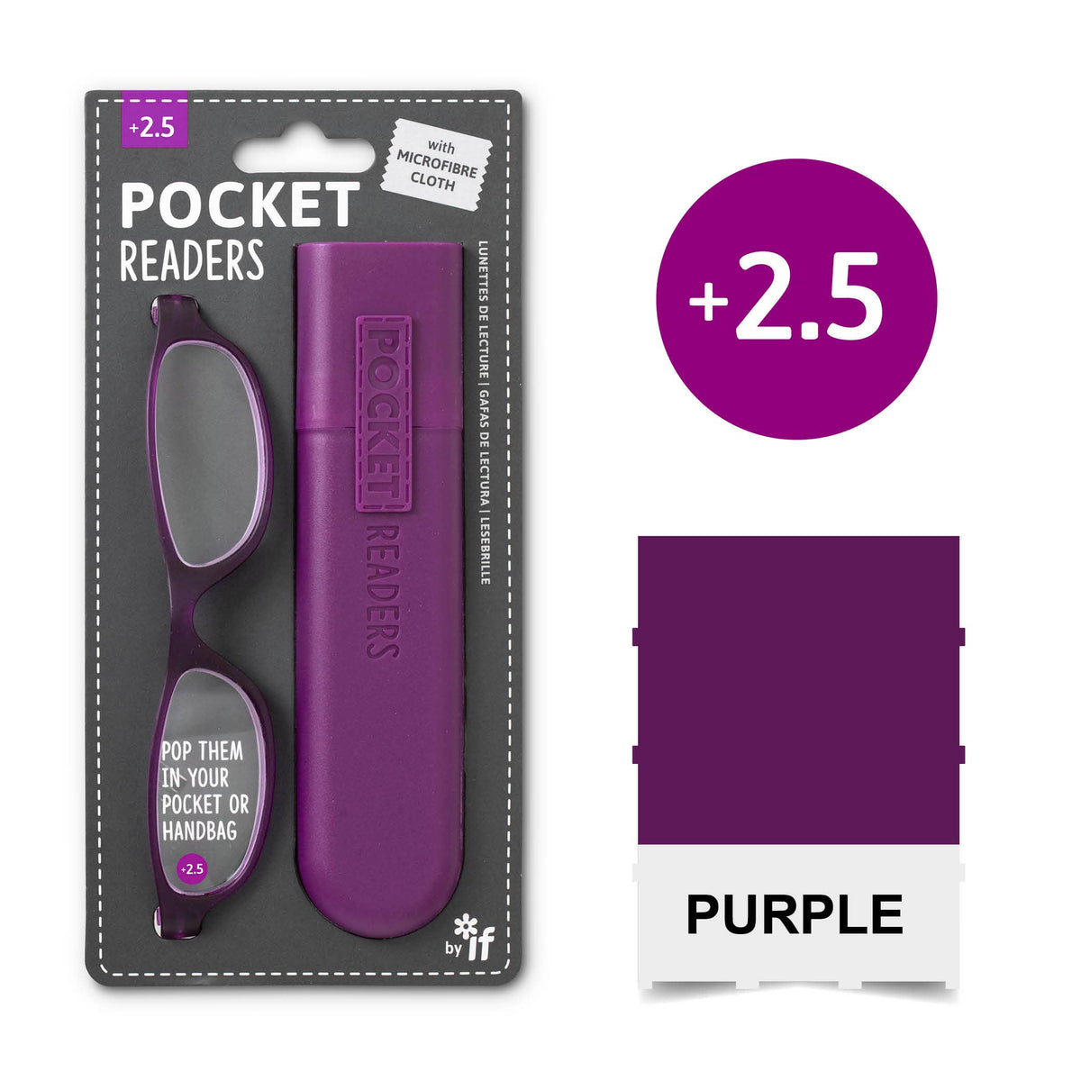Mellow Monkey purple pocket reading glasses in packaging with a matching protective case and microfibre cloth.