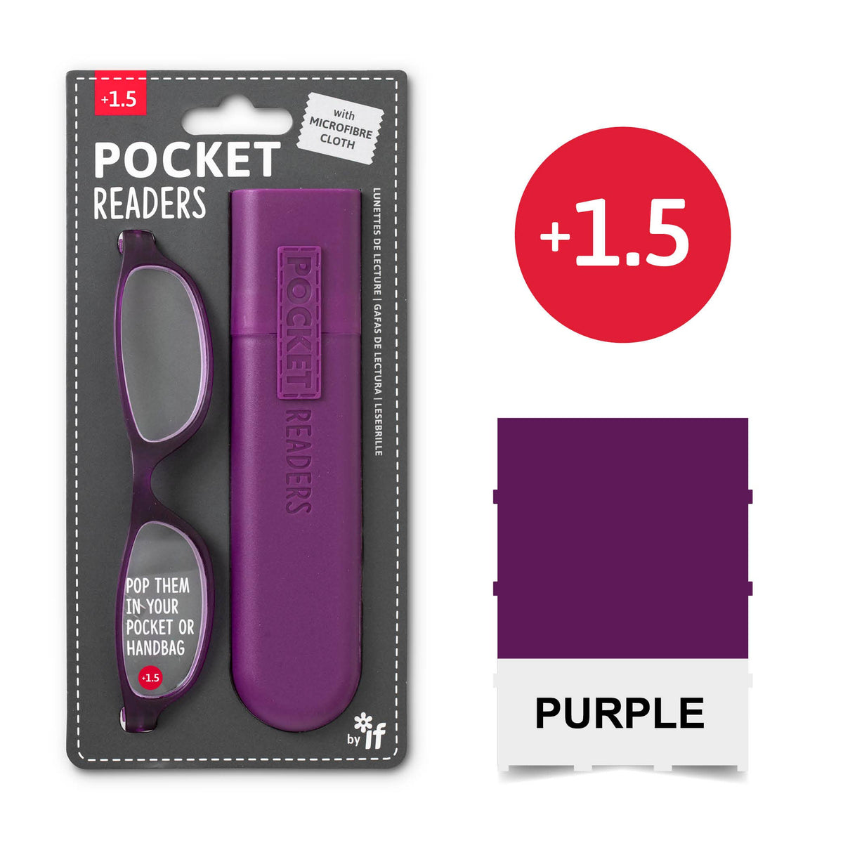 Mellow Monkey purple pocket reading glasses with a matching protective case and microfibre cloth in retail packaging