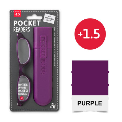 Mellow Monkey purple pocket reading glasses with a matching protective case and microfibre cloth in retail packaging