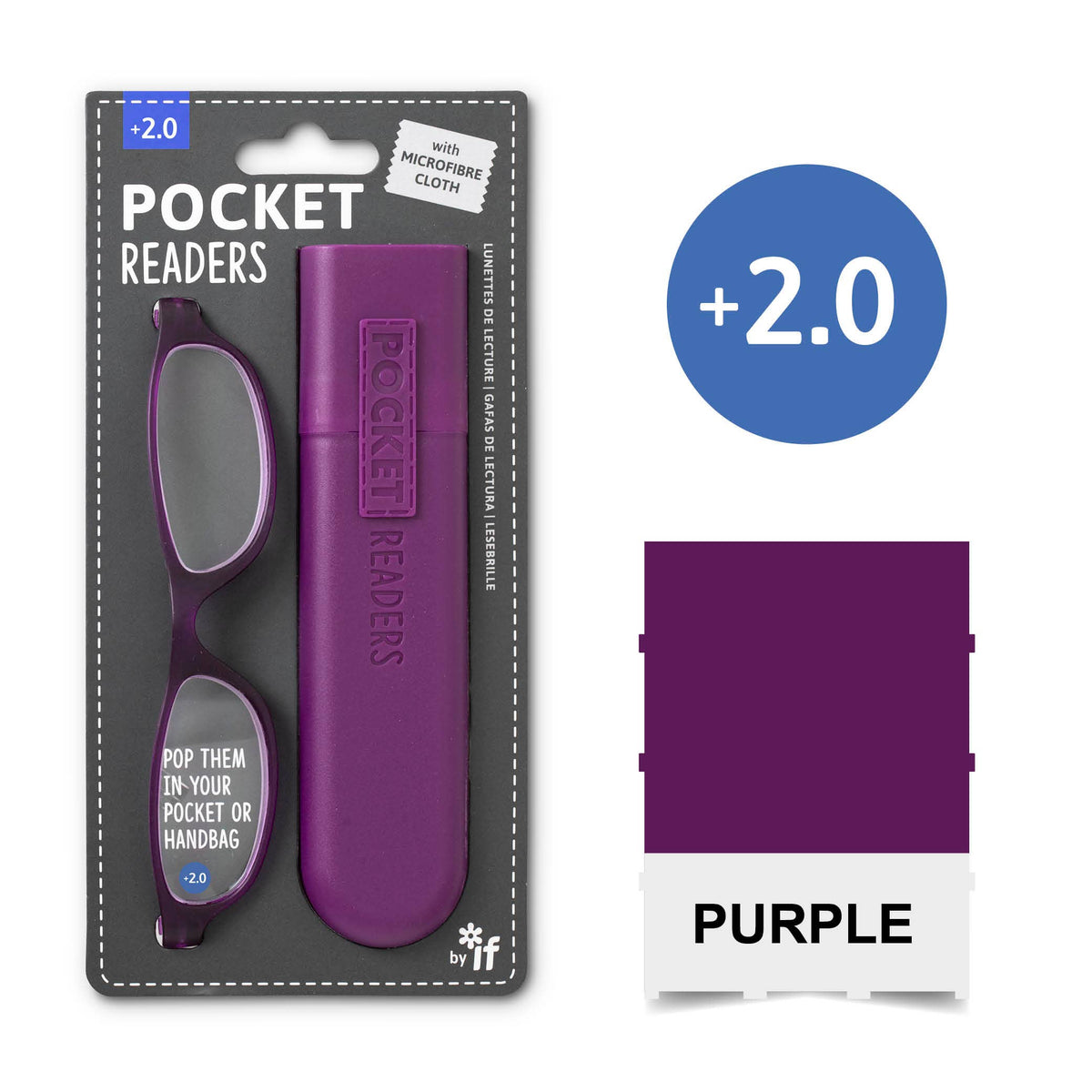Mellow Monkey purple pocket reading glasses with matching protective case and microfibre cloth, 2.0 magnification.