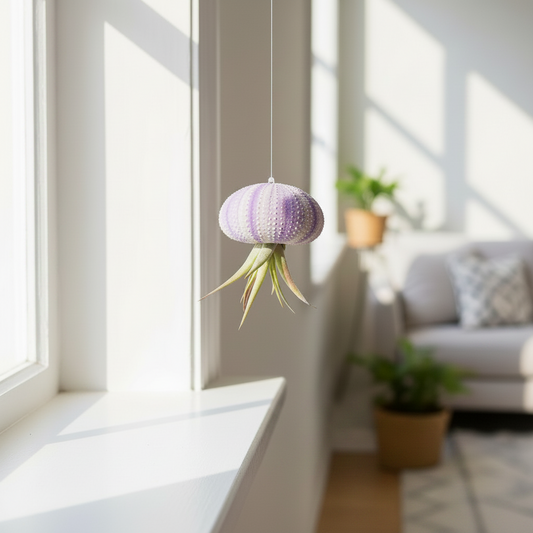 Mellow Monkey purple sea urchin shell hanging with a live Tillandsia air plant near a bright window