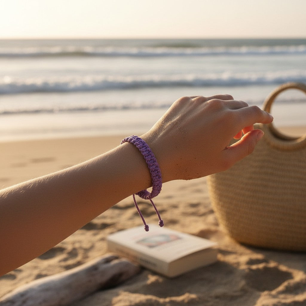 Mellow Monkey purple woven cotton nautical bracelet on a wrist at the beach with a straw bag and book in background