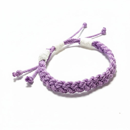 Mellow Monkey purple woven cotton nautical bracelet with adjustable sliding knot closure on white background