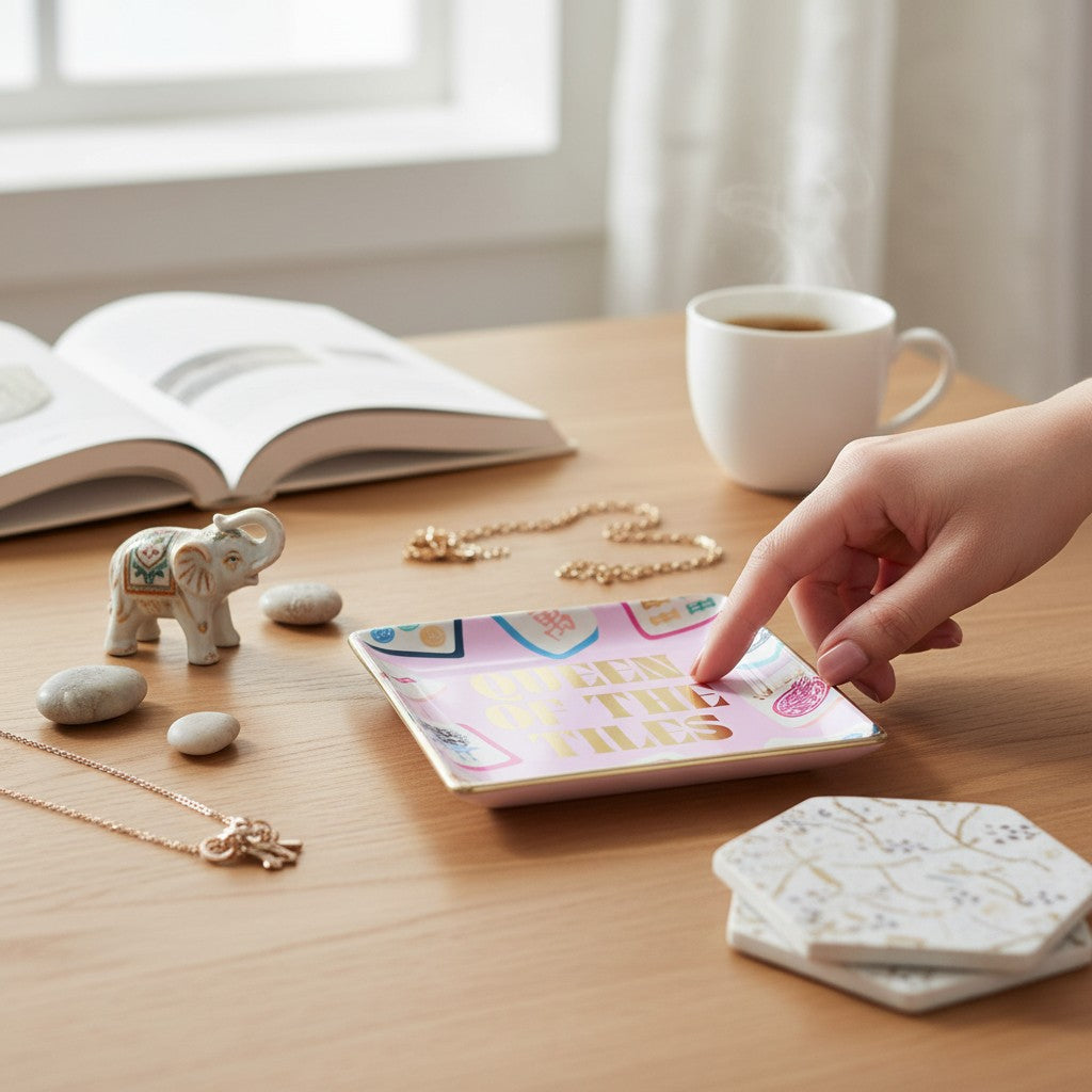 Mellow Monkey Queen of the Tiles ceramic trinket tray with mahjong tile designs and gold lettering.