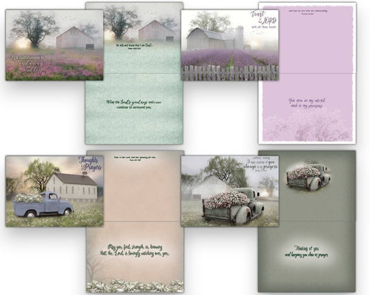 Mellow Monkey boxed greeting cards featuring quiet landscapes, vintage trucks, and KJV Scripture for prayer support.