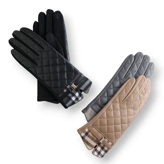 Mellow Monkey Vivi quilted vegan leather gloves in black, gray, and tan with plaid trim and touchscreen fingertips.
