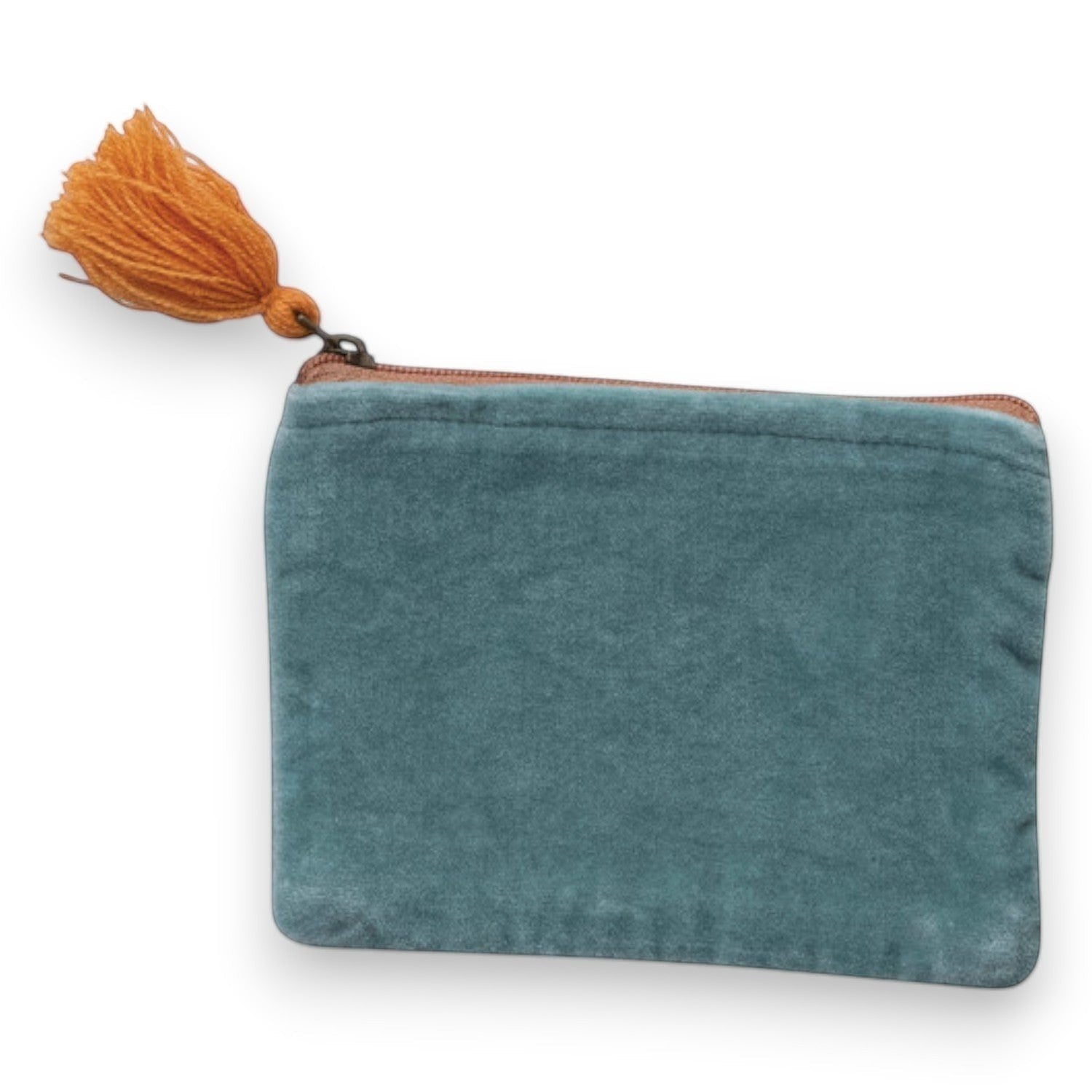 Mellow Monkey quilted cotton velvet zip pouch with tassel detail, available in orange, coral, plum, olive green, blue, and teal.