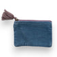 Mellow Monkey quilted cotton velvet zip pouches in assorted vibrant colors: mustard yellow, coral, plum, olive green, denim blue, and teal. Each pouch features a decorative tassel.