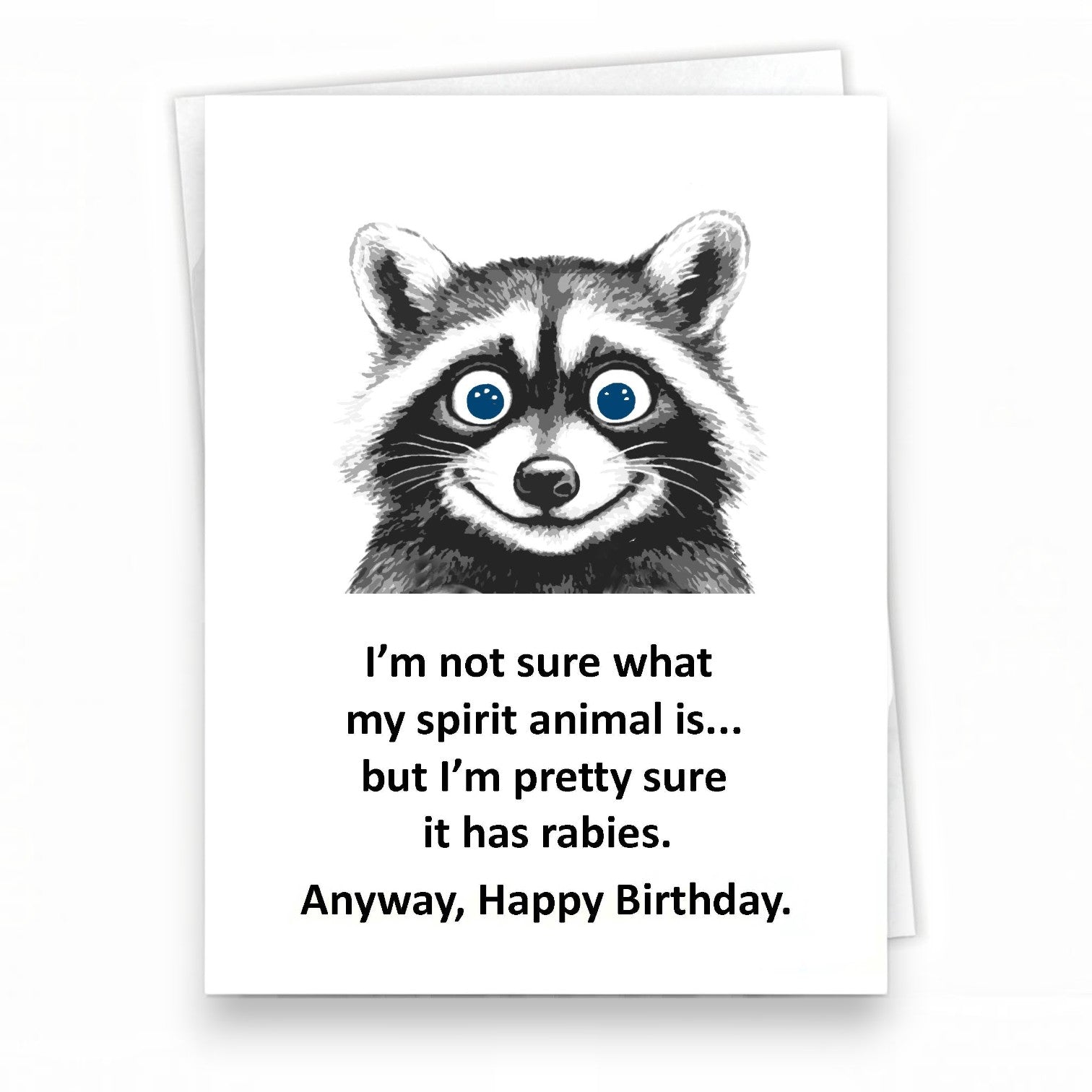 Mellow Monkey funny birthday card featuring a black and white raccoon illustration with humorous text