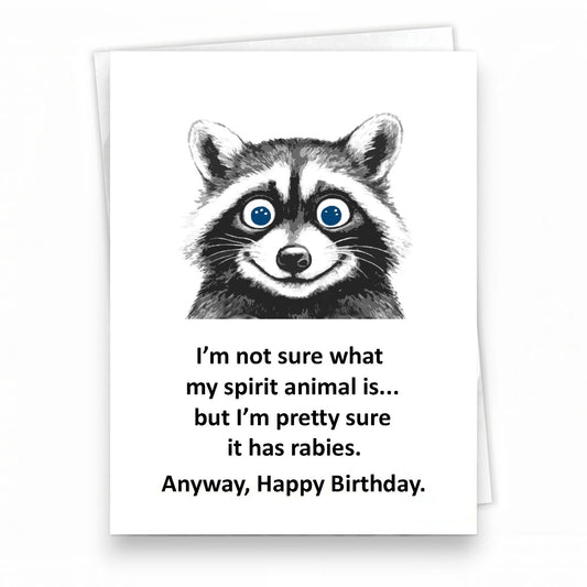 Mellow Monkey funny birthday card featuring a black and white raccoon illustration with humorous text