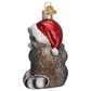Mellow Monkey blown glass raccoon Christmas ornament wearing a glittery red Santa hat, side view