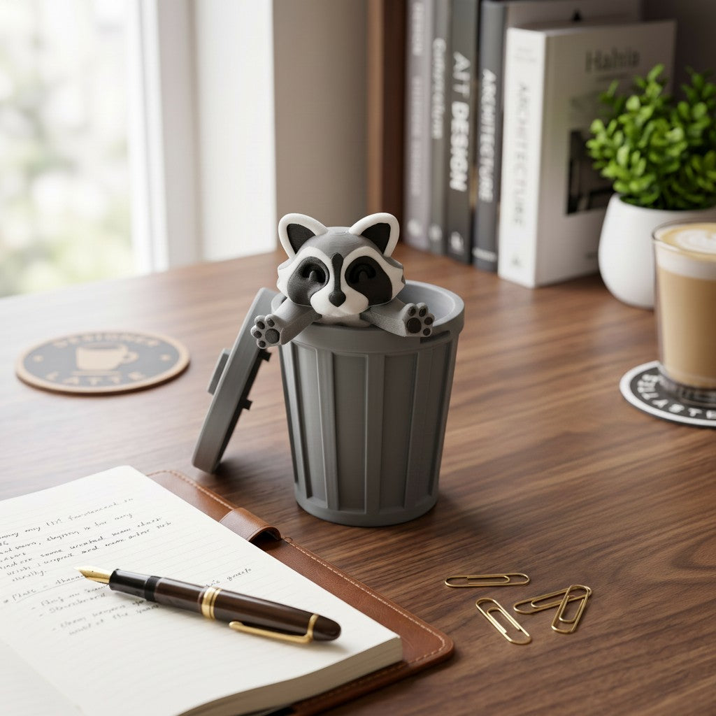 Mellow Monkey articulated grey and white raccoon fidget toy sitting inside a matching grey plastic trash can on a desk