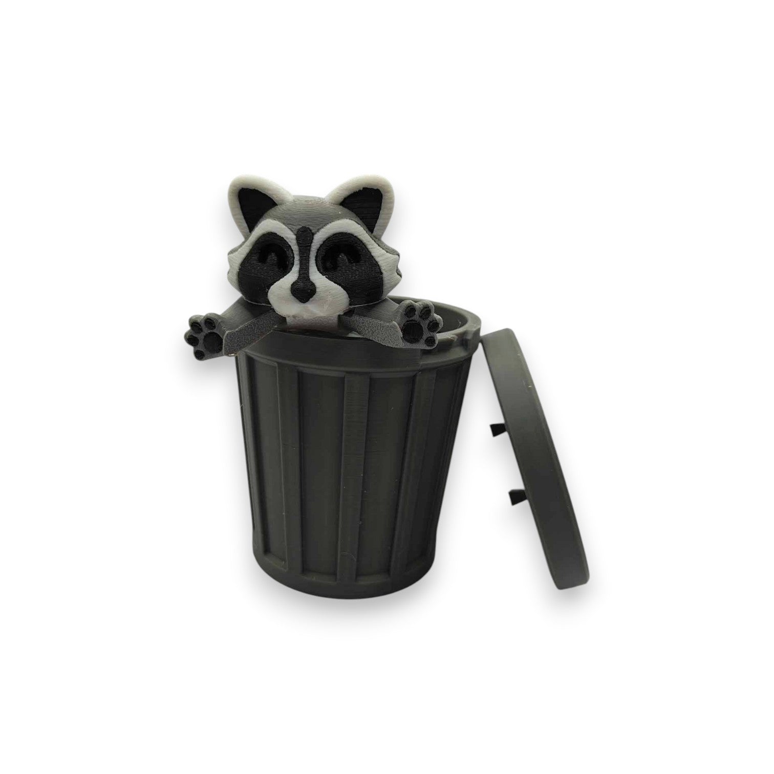 Mellow Monkey 3D printed articulated raccoon fidget toy emerging from a small grey trash can