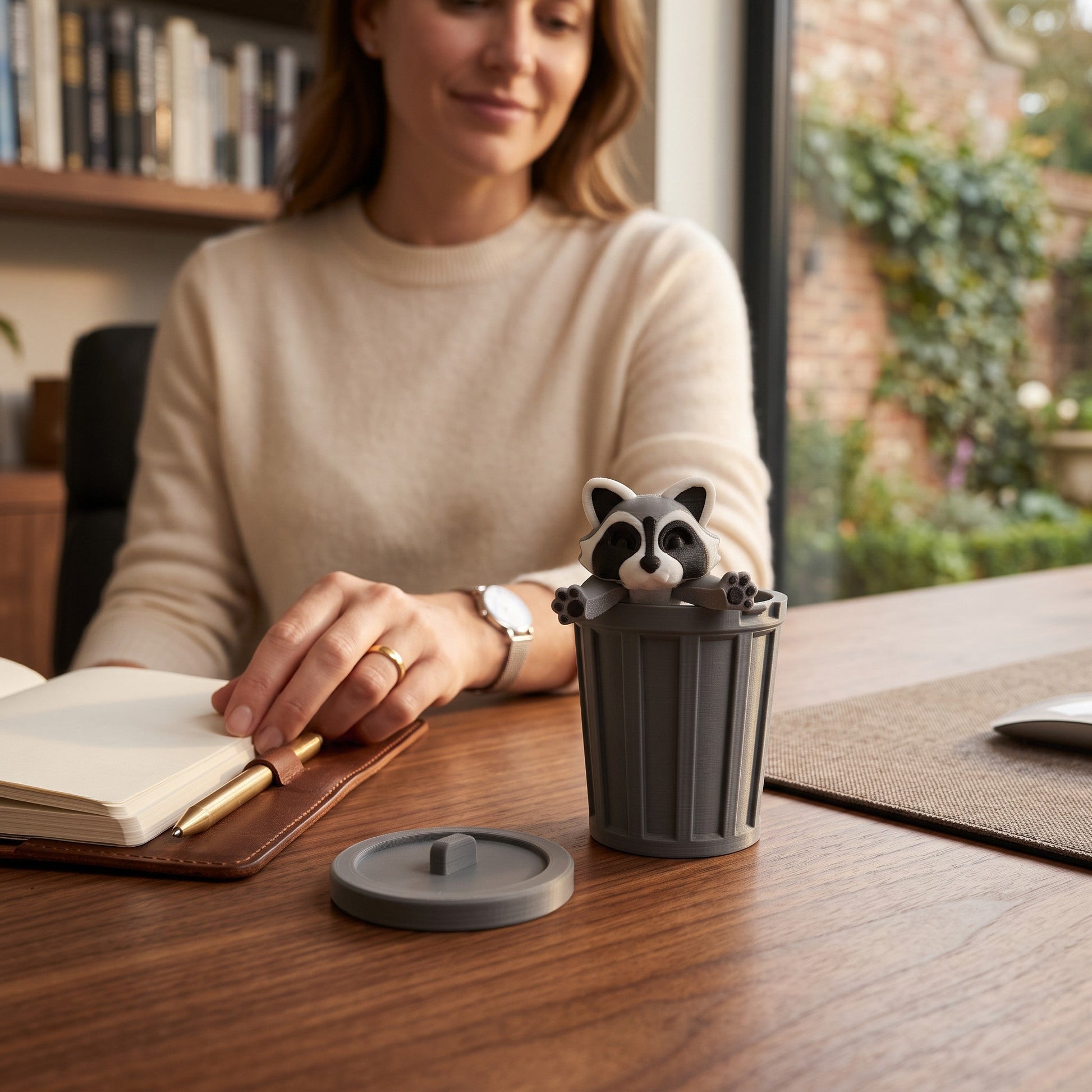 Mellow Monkey articulated raccoon fidget toy popping out of a grey 3D printed trash can on a wooden office desk
