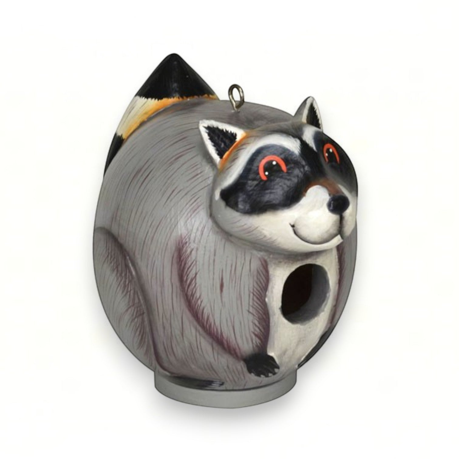 Mellow Monkey hand-carved albesia wood raccoon-shaped hanging bird house with whimsical hand-painted details.