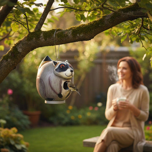 Mellow Monkey hand-carved albesia wood raccoon-shaped hanging bird house in a garden setting with a woman nearby.