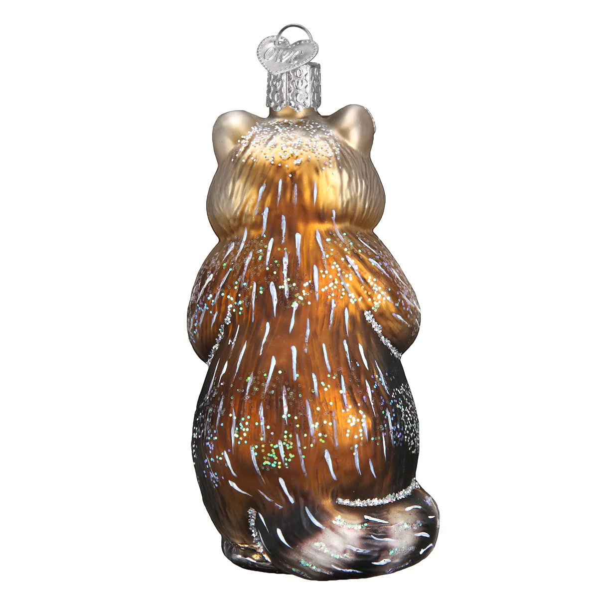 Mellow Monkey Raccoon Old World Christmas blown glass ornament, 3.5-inch, brown with white stripes and glitter accents.